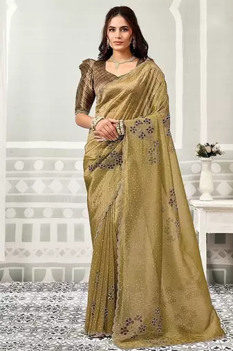 beige crush tissue floral hand print & swaroski stone work party wear saree