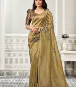 beige crush tissue floral hand print & swaroski stone work party wear saree