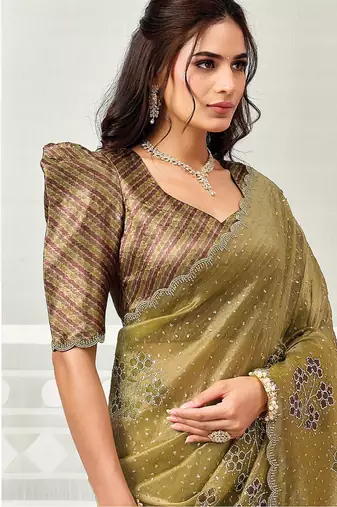 beige crush tissue floral hand print & swaroski stone work party wear saree