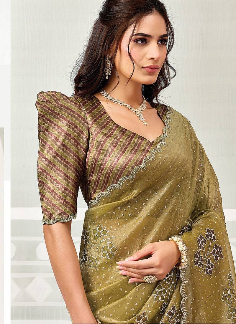 beige crush tissue floral hand print & swaroski stone work party wear saree