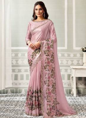 onion pink satin floral digital print beads & sequince work party wear saree 1