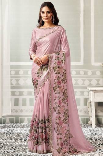 onion pink satin floral digital print beads & sequince work party wear saree