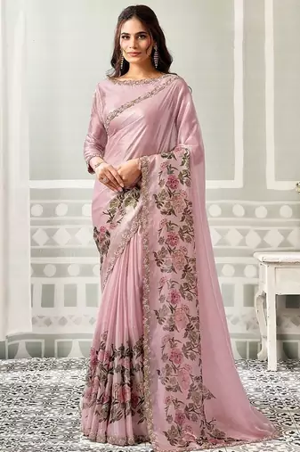 onion pink satin floral digital print beads & sequince work party wear saree