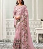 onion pink satin floral digital print beads & sequince work party wear saree