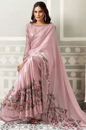 onion pink satin floral digital print beads & sequince work party wear saree