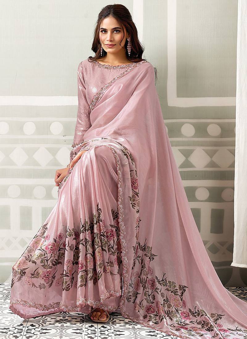onion pink satin floral digital print beads & sequince work party wear saree