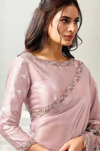 onion pink satin floral digital print beads & sequince work party wear saree
