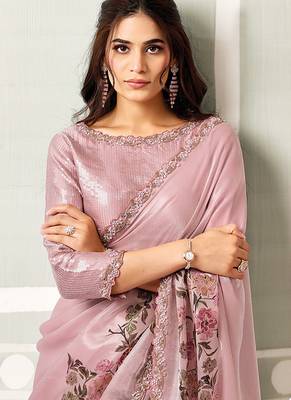 onion pink satin floral digital print beads & sequince work party wear saree 4