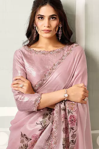 onion pink satin floral digital print beads & sequince work party wear saree