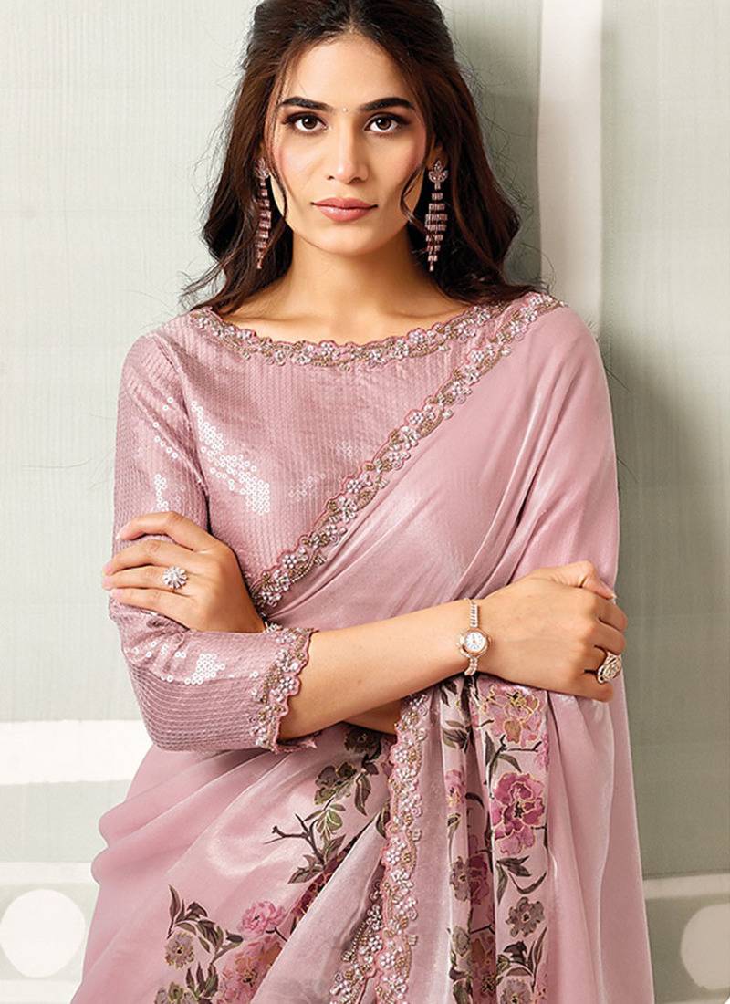 onion pink satin floral digital print beads & sequince work party wear saree