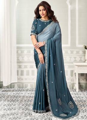 shaded powder blue satin sequince & stone work party wear saree 1