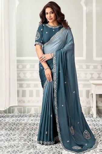 shaded powder blue satin sequince & stone work party wear saree