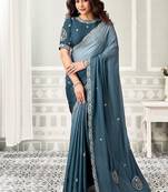 shaded powder blue satin sequince & stone work party wear saree