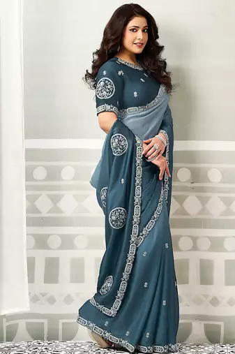 shaded powder blue satin sequince & stone work party wear saree