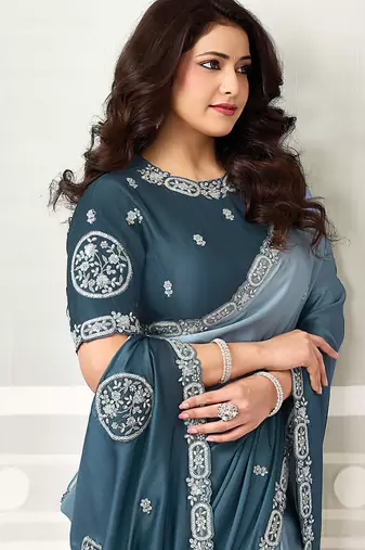 shaded powder blue satin sequince & stone work party wear saree