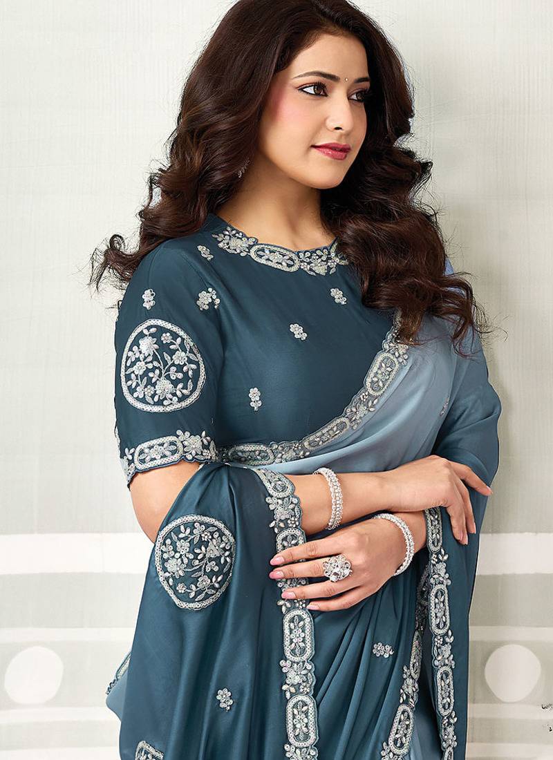 shaded powder blue satin sequince & stone work party wear saree