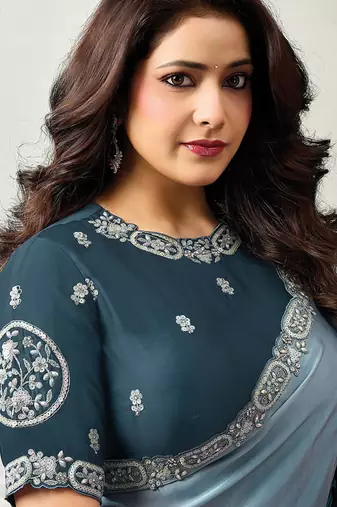 shaded powder blue satin sequince & stone work party wear saree