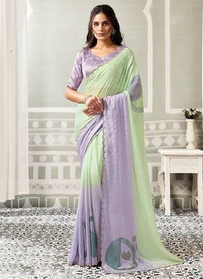 shaded light sea green & lilac organza swaroski stone work party wear saree 1