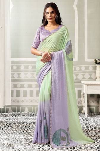 shaded light sea green & lilac organza swaroski stone work party wear saree