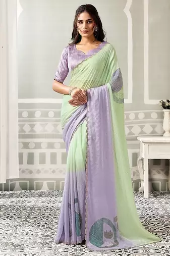 shaded light sea green & lilac organza swaroski stone work party wear saree