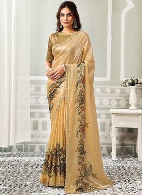 cream satin floral digital print beads & sequince work party wear saree 1