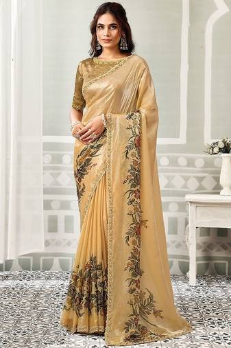 cream satin floral digital print beads & sequince work party wear saree