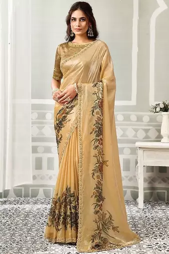 cream satin floral digital print beads & sequince work party wear saree