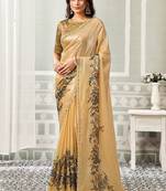 cream satin floral digital print beads & sequince work party wear saree