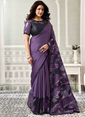 purple jaquard satin printed with beads & sequince work party wear saree 1