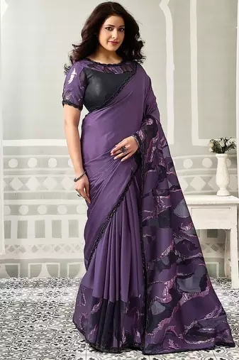 purple jaquard satin printed with beads & sequince work party wear saree