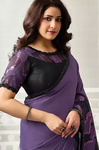 purple jaquard satin printed with beads & sequince work party wear saree