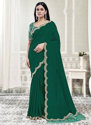 green crape embroidered border party wear saree 1