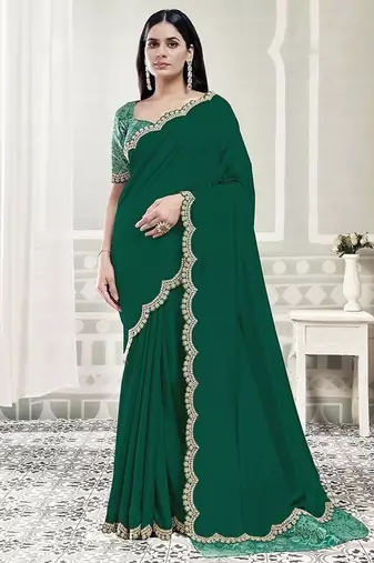green crape embroidered border party wear saree