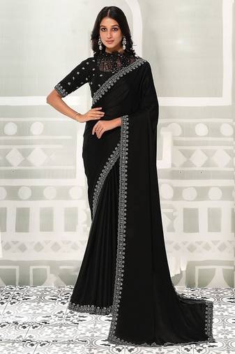 black crape sequince work boder party wear saree