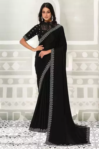 black crape sequince work boder party wear saree