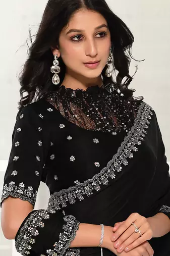 black crape sequince work boder party wear saree