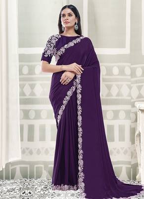 purple crape sequince work border party wear saree 1