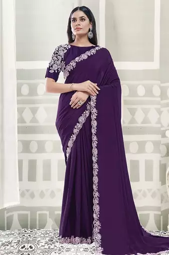 purple crape sequince work border party wear saree