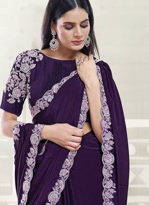 purple crape sequince work border party wear saree 2
