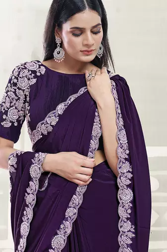 purple crape sequince work border party wear saree