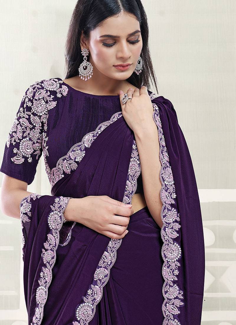 purple crape sequince work border party wear saree