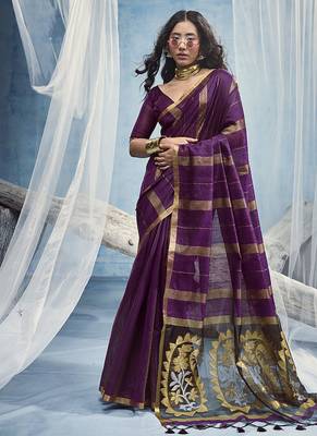 wine cotton blend  handloom weaving casual wear saree 1