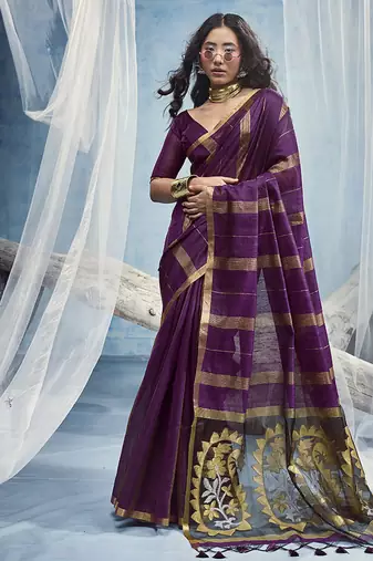 wine cotton blend  handloom weaving casual wear saree