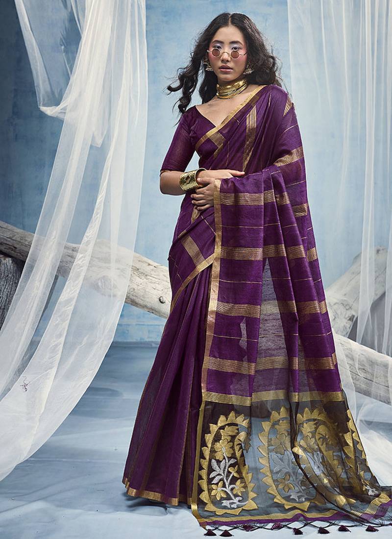 wine cotton blend  handloom weaving casual wear saree