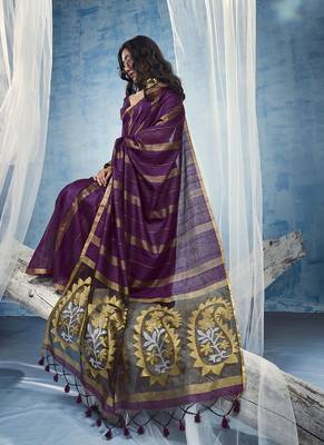 wine cotton blend  handloom weaving casual wear saree 2