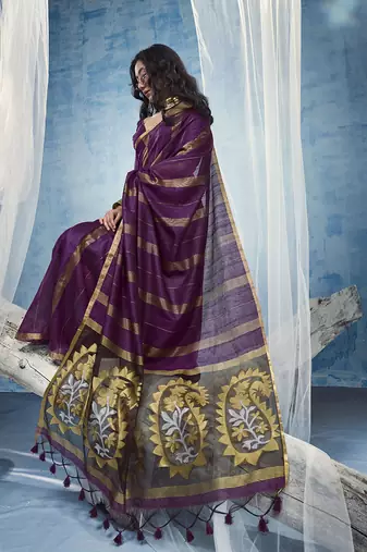 wine cotton blend  handloom weaving casual wear saree