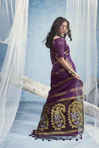 wine cotton blend  handloom weaving casual wear saree