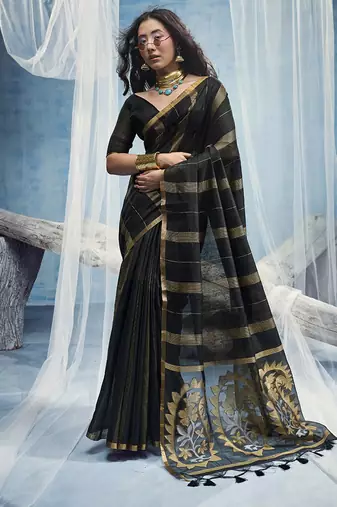 black cotton blend  handloom weaving casual wear saree