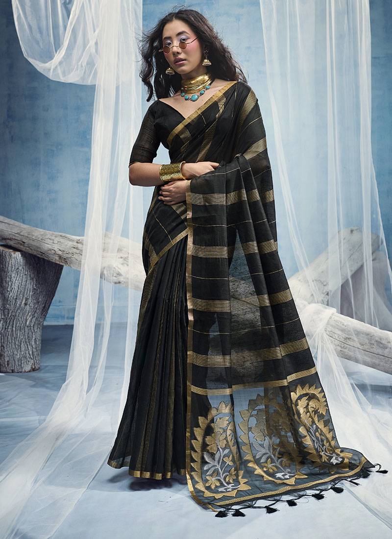 black cotton blend  handloom weaving casual wear saree