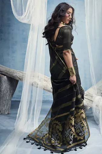 black cotton blend  handloom weaving casual wear saree